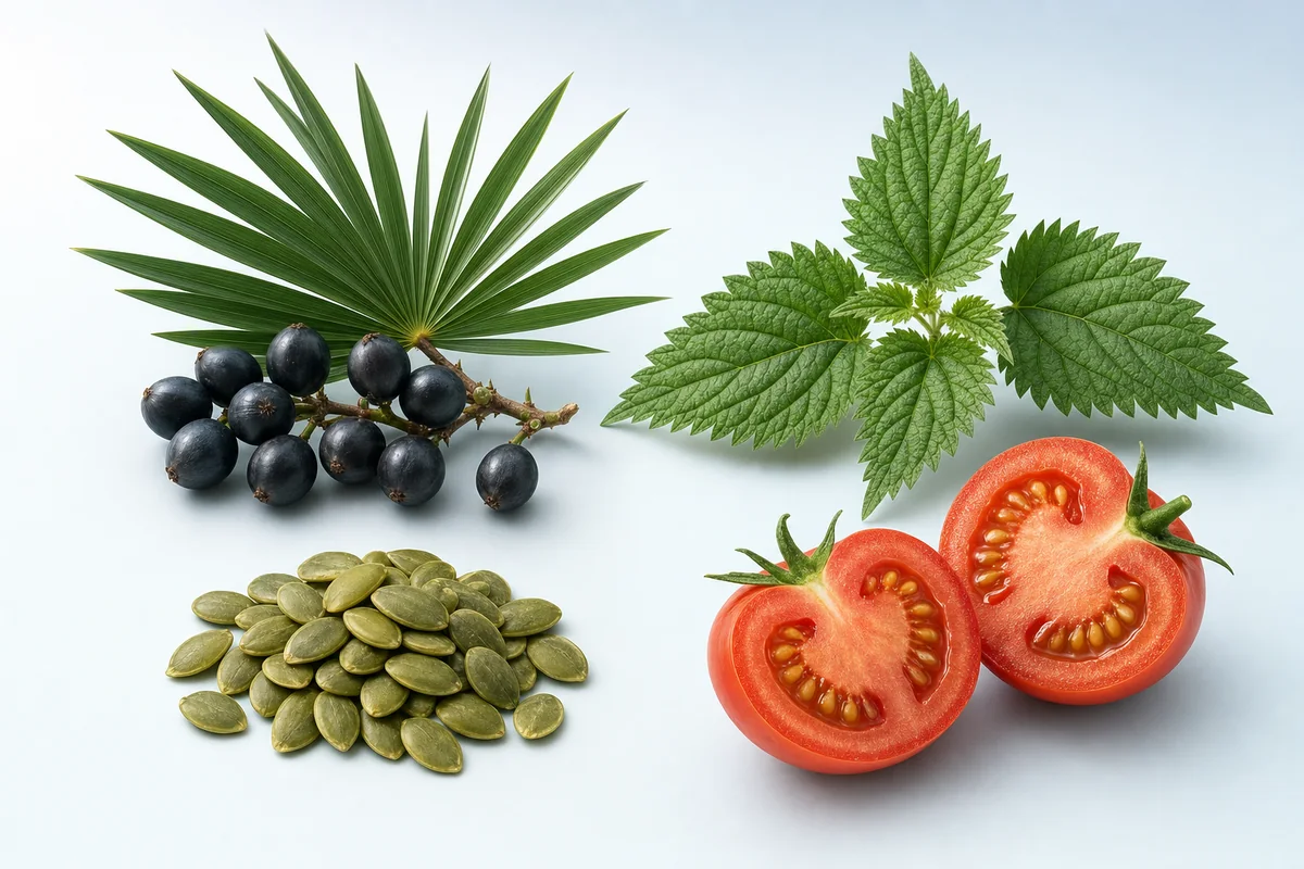 Ingredientes de Adenofrin: bayas de Serenoa repens, hojas de ortiga, semillas de calabaza y tomate con licopeno