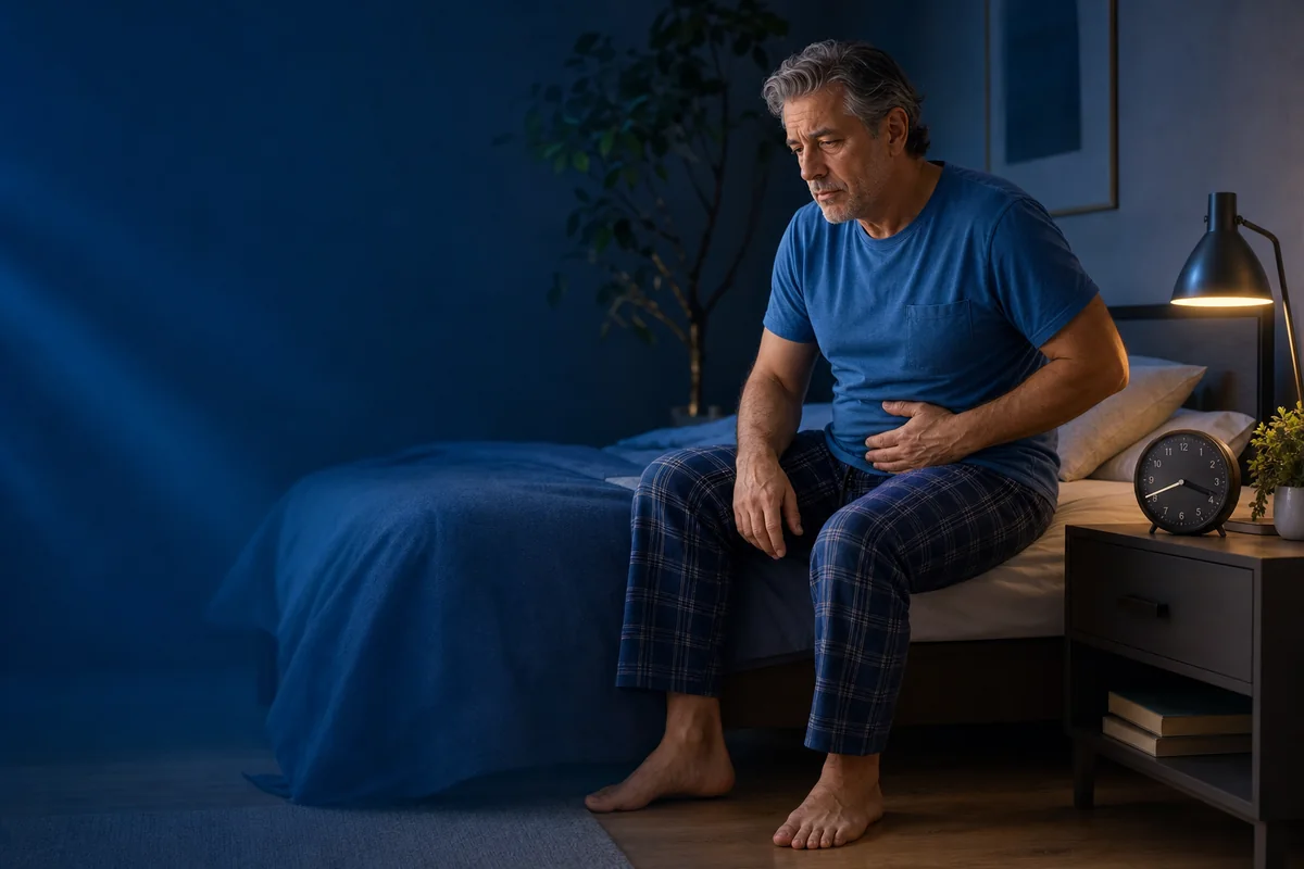 Hombre de 55 años levantándose de noche por micción frecuente, uno de los síntomas que Adenofrin acompaña