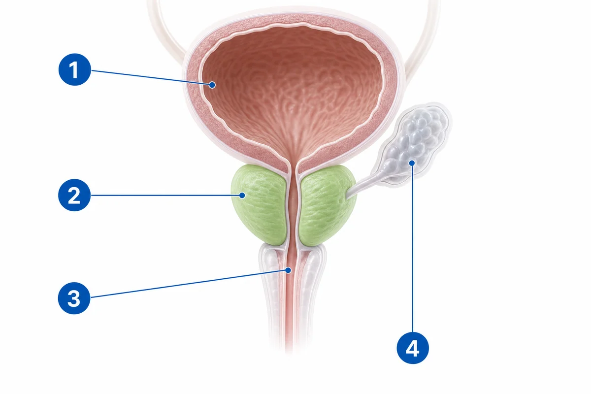 Esquema de la próstata, la vejiga y la uretra masculinas sobre las que actúa la fórmula de Adenofrin